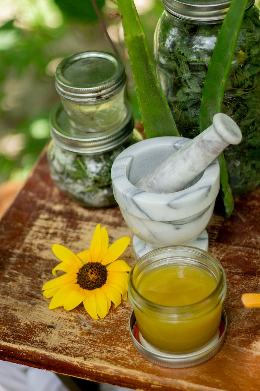 herbs salves in jars with aloe vera flowers