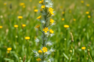 A tall mullein plant with fuzzy, silvery-green leaves and bright yellow flowers stands in a sunny meadow, surrounded by lush greenery and open spaces.