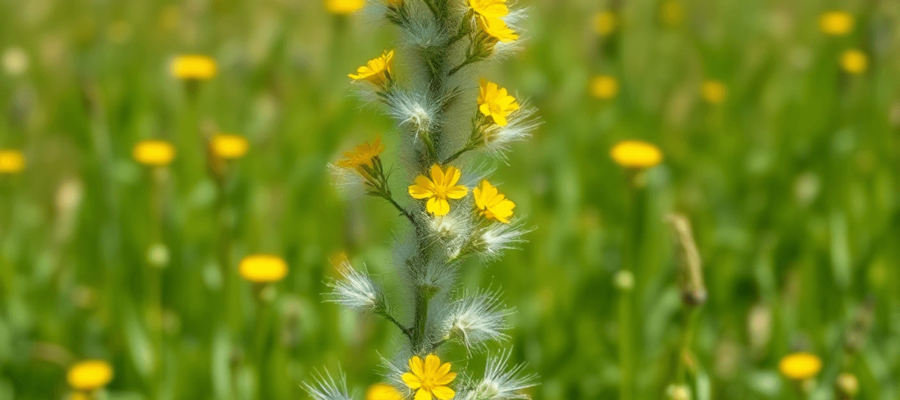 A tall mullein plant with fuzzy, silvery-green leaves and bright yellow flowers stands in a sunny meadow, surrounded by lush greenery and open spaces.