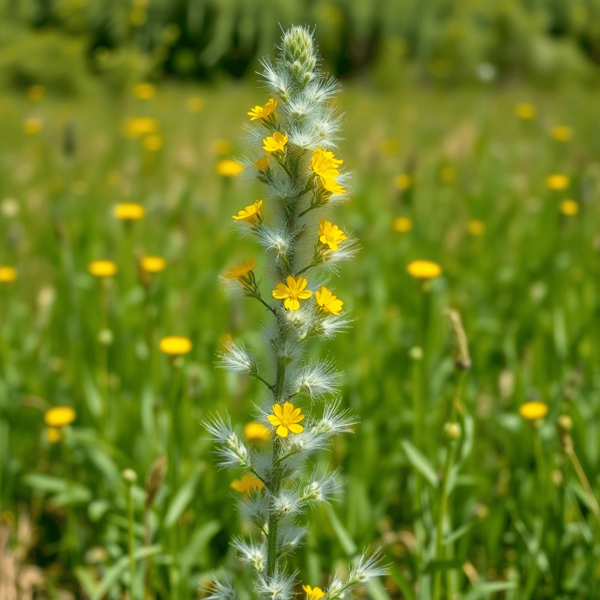 A tall mullein plant with fuzzy, silvery-green leaves and bright yellow flowers stands in a sunny meadow, surrounded by lush greenery and open spaces.