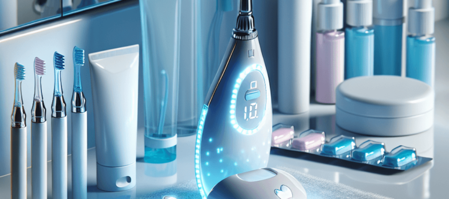 Abstract digital art of a toothbrush with blue LED lights, symbolizing teeth whitening with blue LED light.