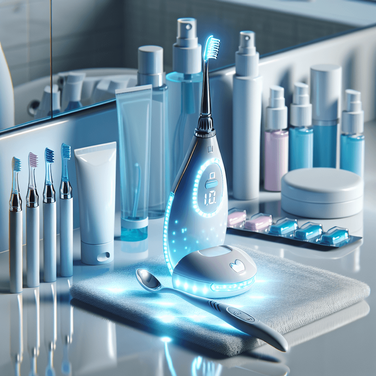 Abstract digital art of a toothbrush with blue LED lights, symbolizing teeth whitening with blue LED light.