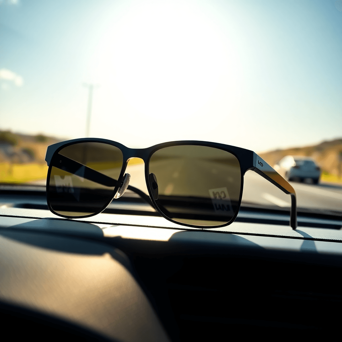 A stylish pair of polarized sunglasses resting on a car dashboard, reflecting sunlight, with a scenic sunny road visible in the background.