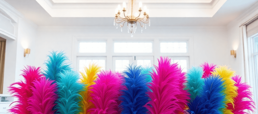 A bright, modern home interior with high ceilings and elegant chandeliers, featuring colorful feather dusters arranged artfully, conveying freshness and cleanliness.