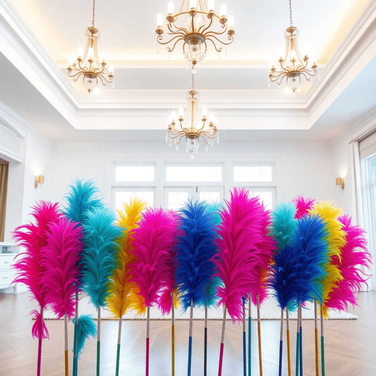 A bright, modern home interior with high ceilings and elegant chandeliers, featuring colorful feather dusters arranged artfully, conveying freshness and cleanliness.