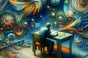 a detailed image of a person sitting at a desk