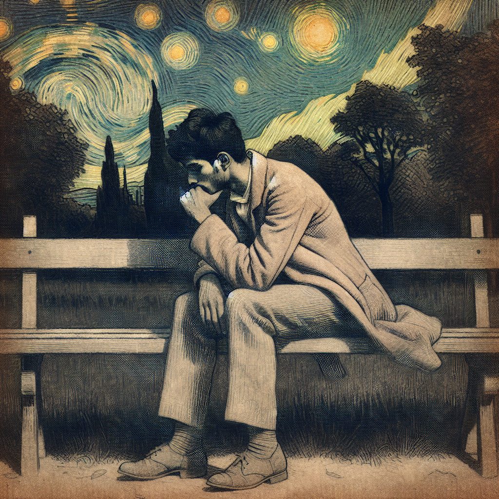 A male figure sitting on a park bench lost in thought