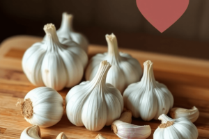 Fresh garlic bulbs and cloves arranged on a wooden cutting board, with a heart symbol subtly blended into the background, highlighting garlic's connection to heart health.