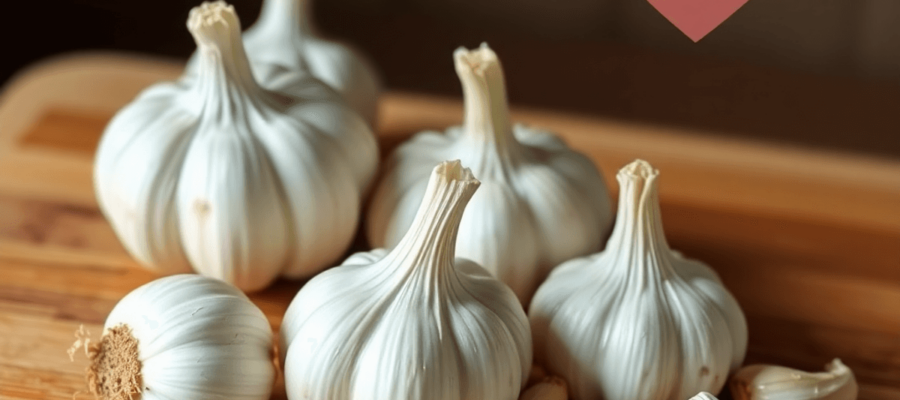 Fresh garlic bulbs and cloves arranged on a wooden cutting board, with a heart symbol subtly blended into the background, highlighting garlic's connection to heart health.