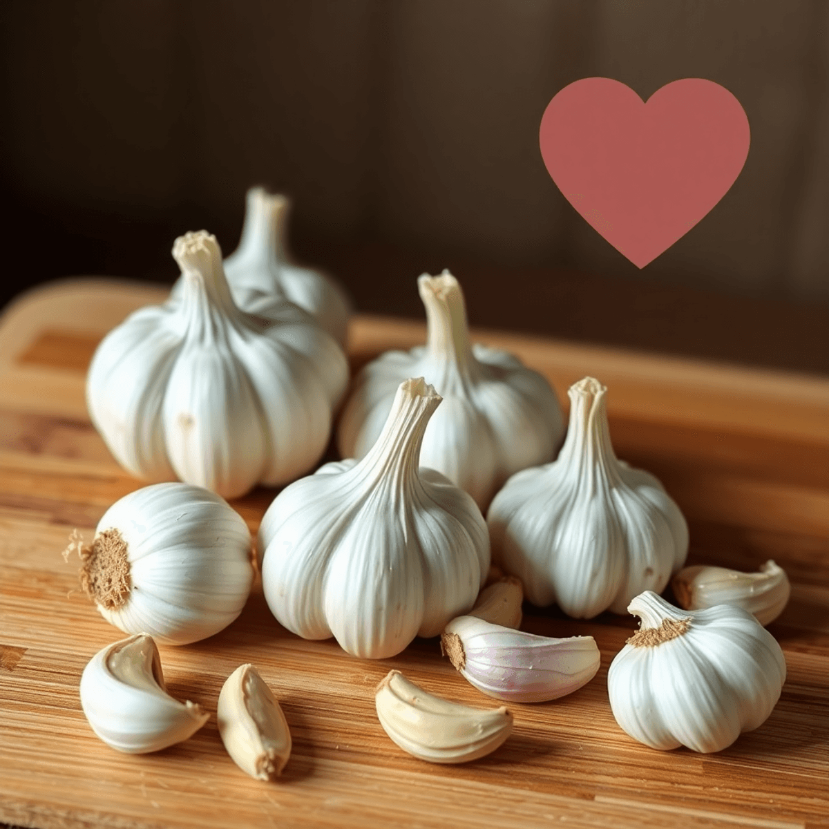 Fresh garlic bulbs and cloves arranged on a wooden cutting board, with a heart symbol subtly blended into the background, highlighting garlic's connection to heart health.