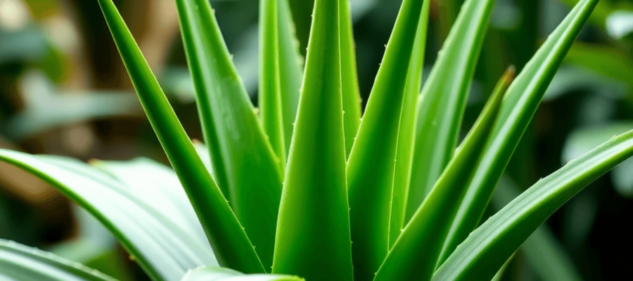 A lush green aloe vera plant with thick, fleshy leaves stands prominently in a softly blurred serene setting, evoking tranquility and natural healing.