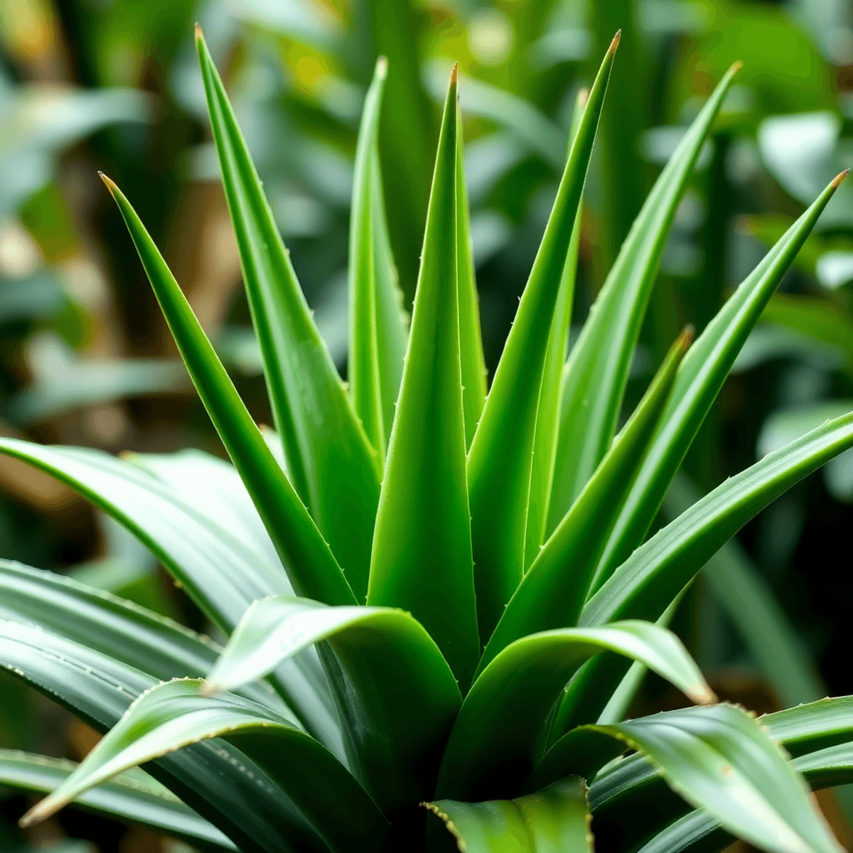 A lush green aloe vera plant with thick, fleshy leaves stands prominently in a softly blurred serene setting, evoking tranquility and natural healing.