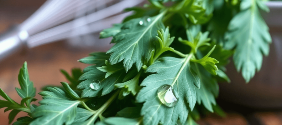 Close-up of fresh French tarragon leaves with water droplets, set on a rustic wooden table with soft-focus kitchen utensils in the background, evoking culinary creativity.