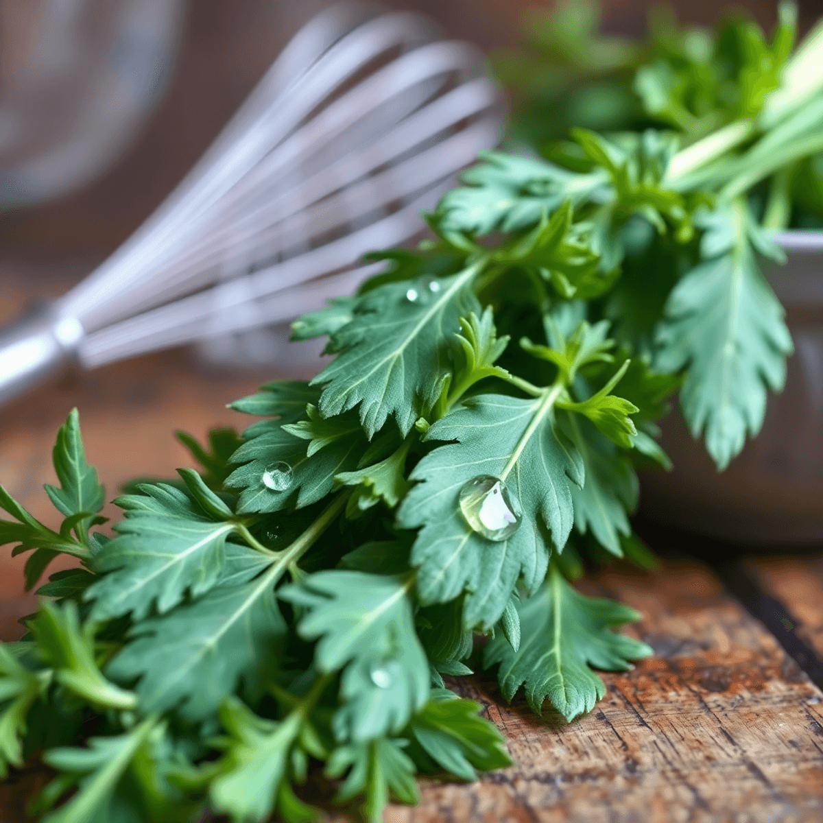 Close-up of fresh French tarragon leaves with water droplets, set on a rustic wooden table with soft-focus kitchen utensils in the background, evoking culinary creativity.