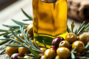 Close-up of a bottle of extra virgin olive oil with fresh olives and rosemary on a rustic wooden table, showcasing natural beauty and wellness.