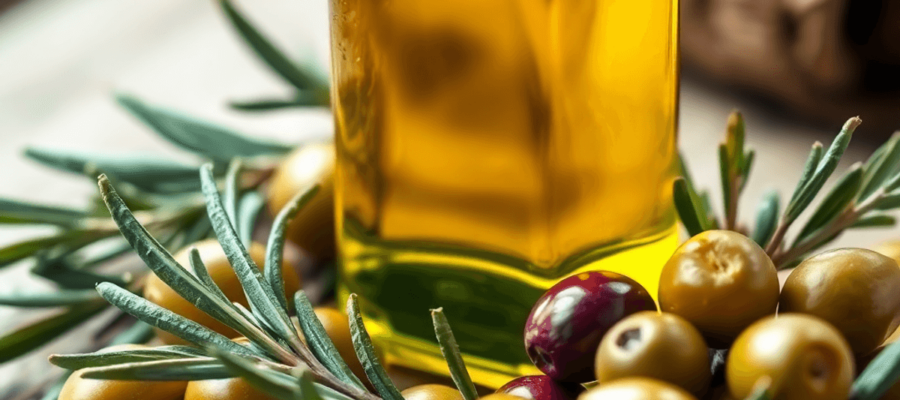 Close-up of a bottle of extra virgin olive oil with fresh olives and rosemary on a rustic wooden table, showcasing natural beauty and wellness.