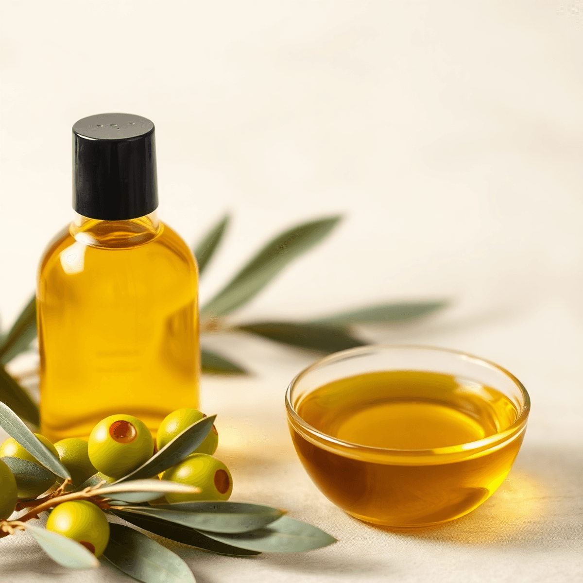 A close-up of a golden olive oil bottle, fresh green olives, and a small bowl of olive oil on a soft, neutral background, emphasizing natural beauty and wellness.