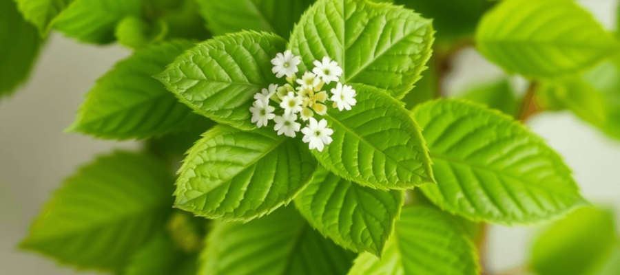 Fresh lemon balm leaves with heart-shaped foliage in vibrant green, showcasing texture and mild fragrance, set against a soft background with subtle white flowers.