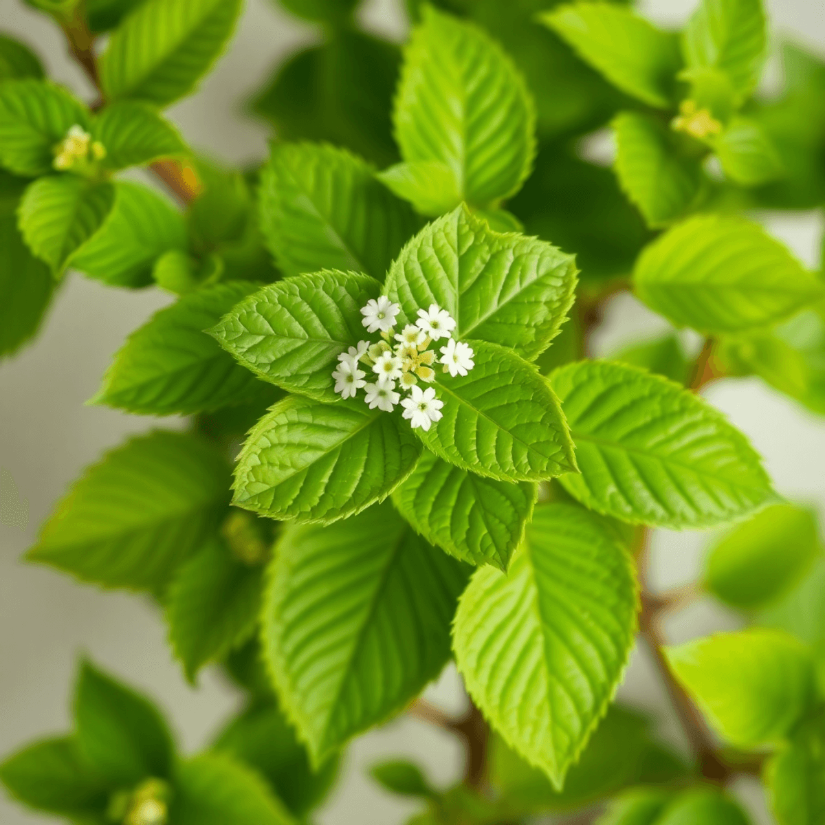 Fresh lemon balm leaves with heart-shaped foliage in vibrant green, showcasing texture and mild fragrance, set against a soft background with subtle white flowers.