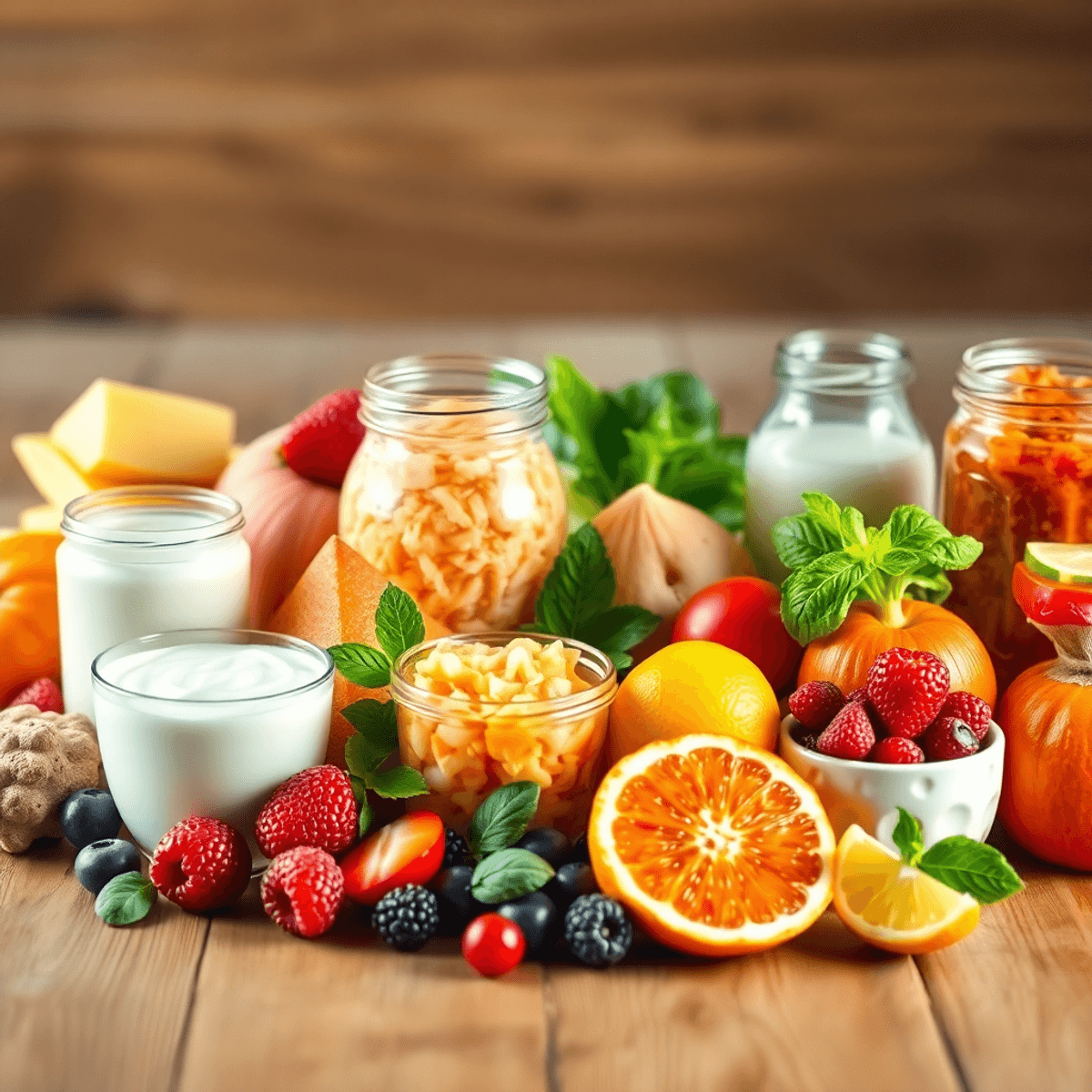 A colorful arrangement of probiotic-rich foods including yogurt, kefir, sauerkraut, and kimchi on a wooden table, accented by fresh berries and citrus in a warm atmosphere.