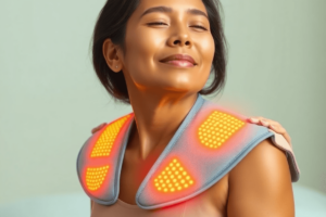 A person using an infrared shoulder wrap, with a warm glow from the device, displaying a peaceful expression in a calm and relaxing setting that emphasizes comfort and healing.