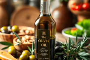 A close-up of a bottle of extra virgin olive oil surrounded by fresh olives, herbs, and a wooden spoon in a rustic kitchen, with a bowl of mixed nuts and a salad nearby