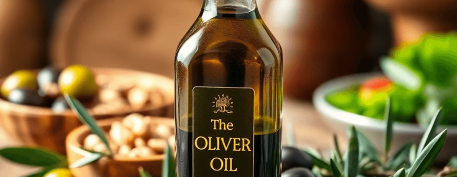 A close-up of a bottle of extra virgin olive oil surrounded by fresh olives, herbs, and a wooden spoon in a rustic kitchen, with a bowl of mixed nuts and a salad nearby