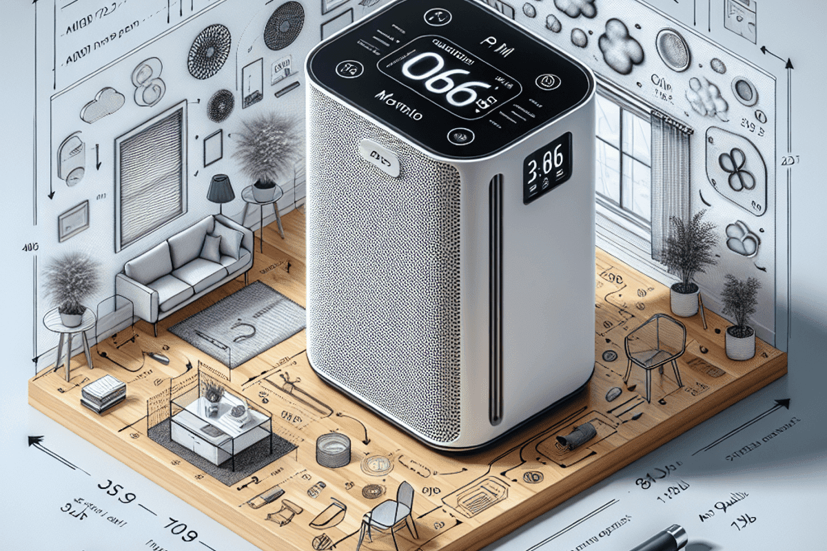 A digital art representation of an air purifier with a clean and modern aesthetic