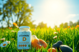 A sunny outdoor scene with green grass and vibrant flowers, featuring a bottle of vitamin D supplements and fresh fruits like oranges and avocados, conveying vitality and well-being.