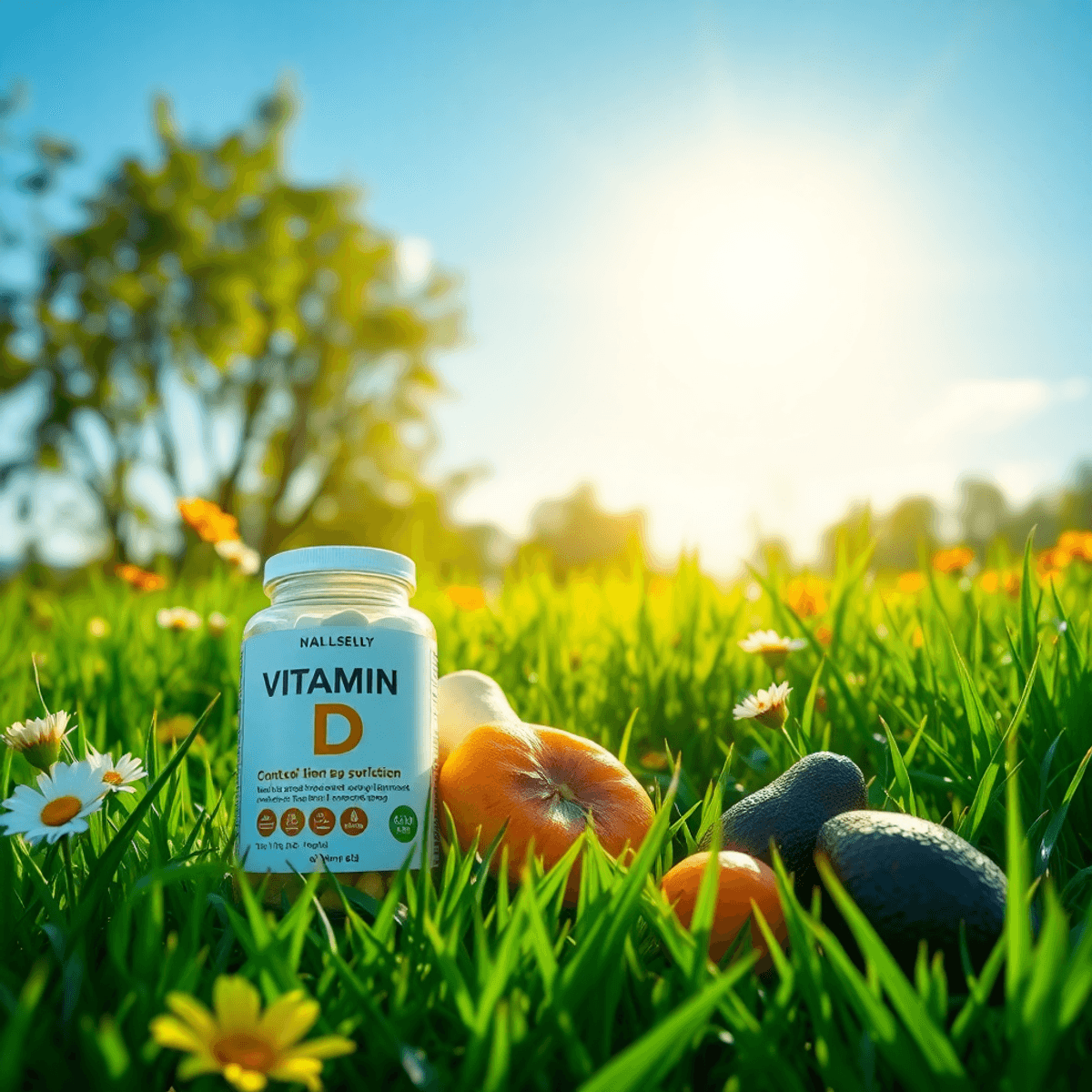 A sunny outdoor scene with green grass and vibrant flowers, featuring a bottle of vitamin D supplements and fresh fruits like oranges and avocados, conveying vitality and well-being.