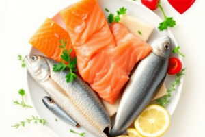 A colorful plate of salmon, mackerel, and sardines garnished with fresh herbs and lemon slices, with a subtle heart symbol in the background, promoting heart health.