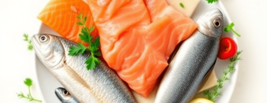 A colorful plate of salmon, mackerel, and sardines garnished with fresh herbs and lemon slices, with a subtle heart symbol in the background, promoting heart health.