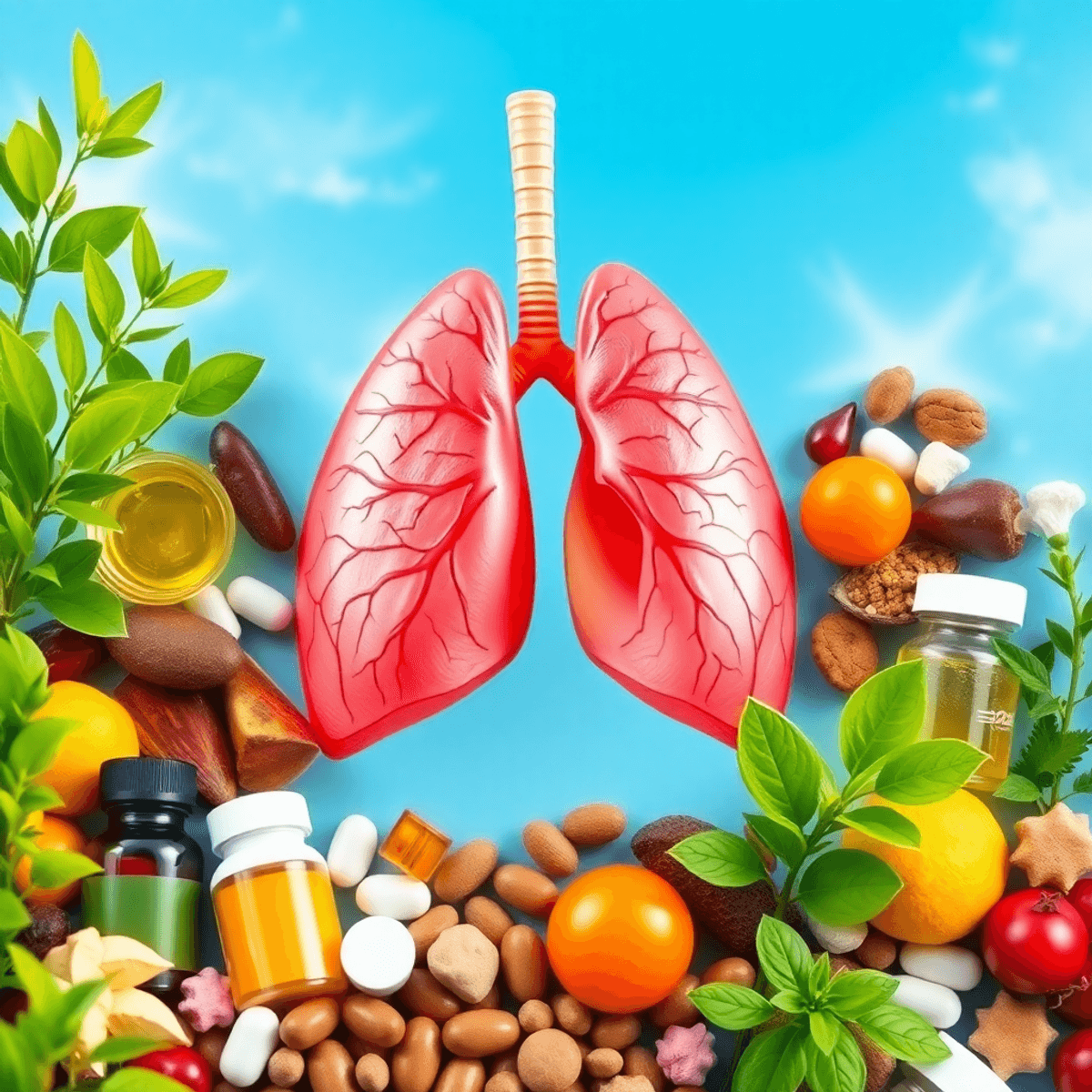 A healthy lung surrounded by vitamins and supplements, set against a clear blue sky and green plants, symbolizing respiratory health and wellness