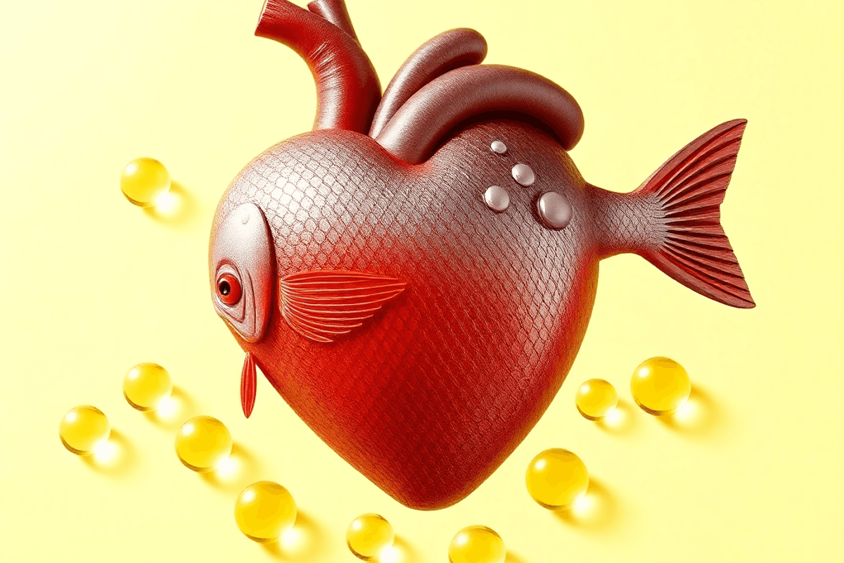 A heart shape made of fish, surrounded by omega-3 capsules, set against a bright background that conveys a message of heart health and healthy living.