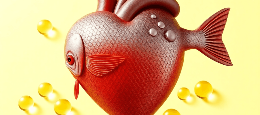 A heart shape made of fish, surrounded by omega-3 capsules, set against a bright background that conveys a message of heart health and healthy living.