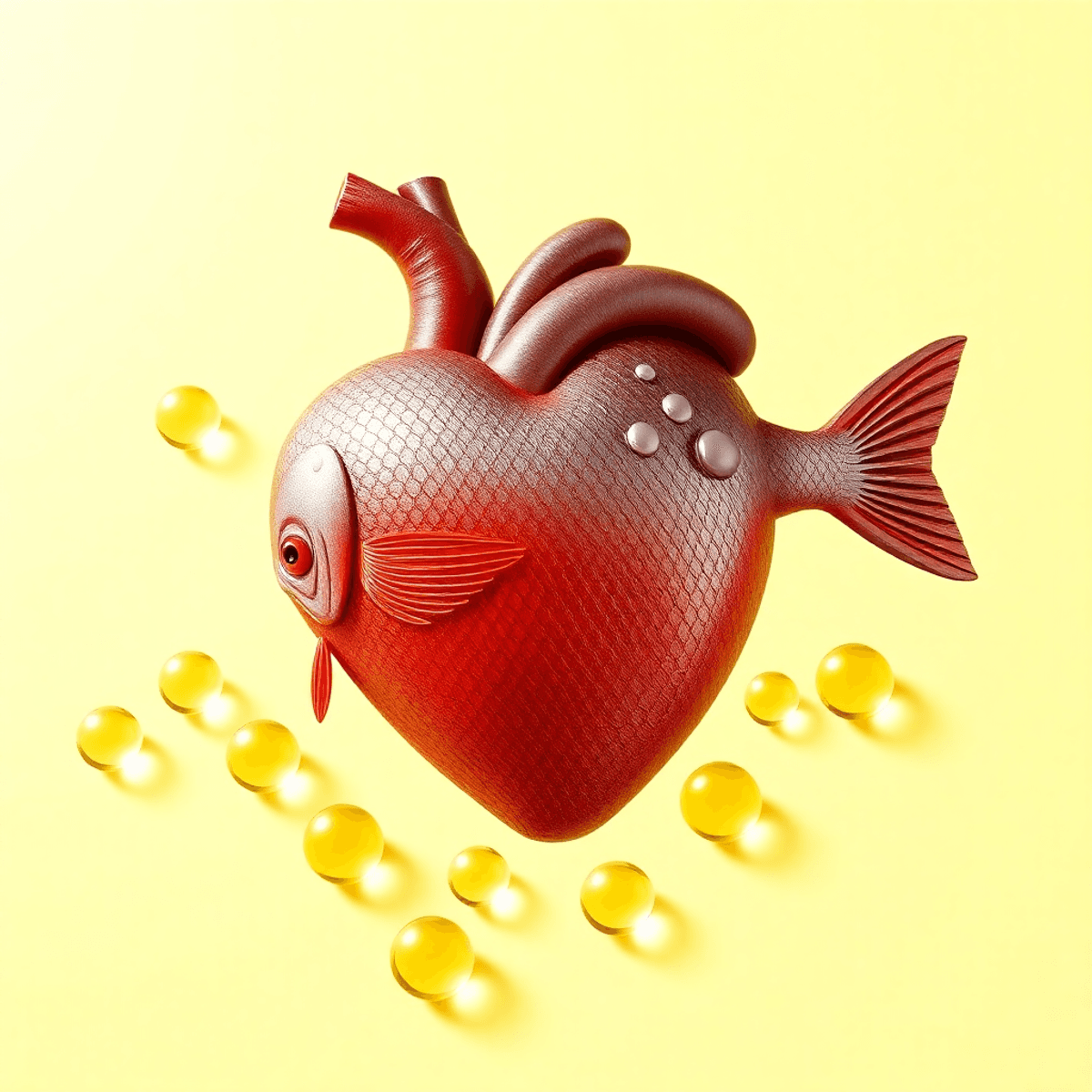 A heart shape made of fish, surrounded by omega-3 capsules, set against a bright background that conveys a message of heart health and healthy living.