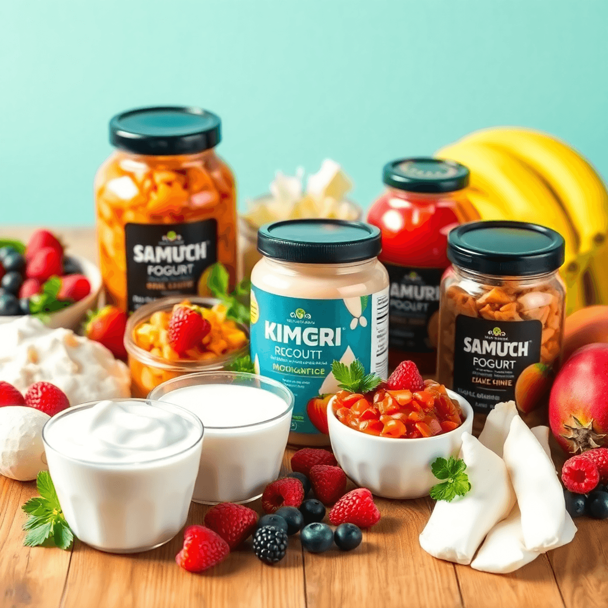 A colorful arrangement of probiotic-rich foods like yogurt, kefir, sauerkraut, and kimchi on a wooden table, surrounded by fresh fruits like berries and bananas.