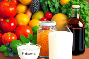 A colorful arrangement of yogurt, kefir, sauerkraut, and kombucha on a wooden table, surrounded by fresh fruits and vegetables, symbolizing health and wellness.