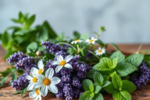 Aesthetic arrangement of fresh herbs like lavender, chamomile, and mint on a wooden table, with a softly blurred background to evoke tranquility and wellness.