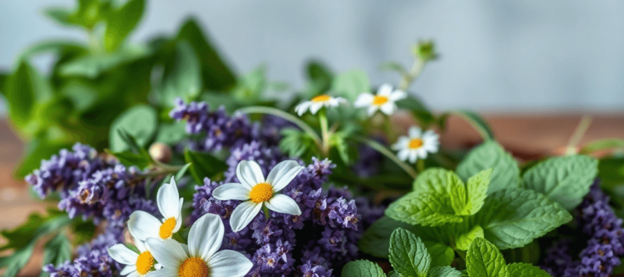 Aesthetic arrangement of fresh herbs like lavender, chamomile, and mint on a wooden table, with a softly blurred background to evoke tranquility and wellness.