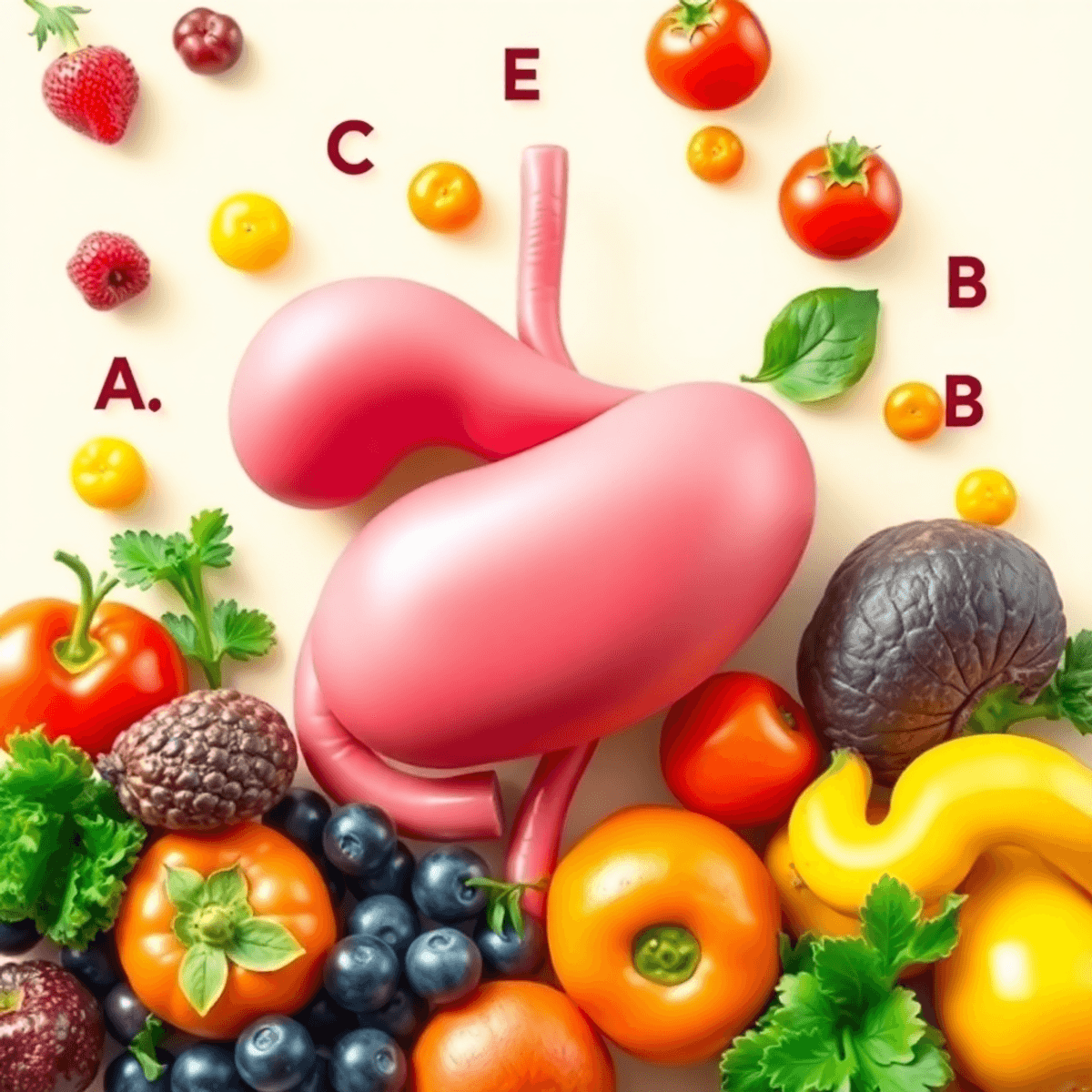 A healthy pancreas surrounded by colorful fruits and vegetables, representing vitamins A, C, D, E, and B, set against a bright and inviting background.