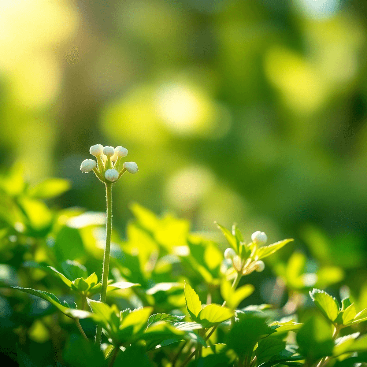 A lush kanna herb with vibrant green leaves bathed in soft sunlight, surrounded by a peaceful natural setting and a gentle bokeh effect, symbolizing mental wellness.