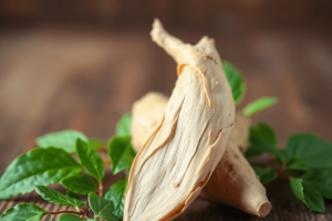 A close-up of Astragalus root on a wooden surface, surrounded by fresh green leaves, with a softly blurred background highlighting its texture and color.