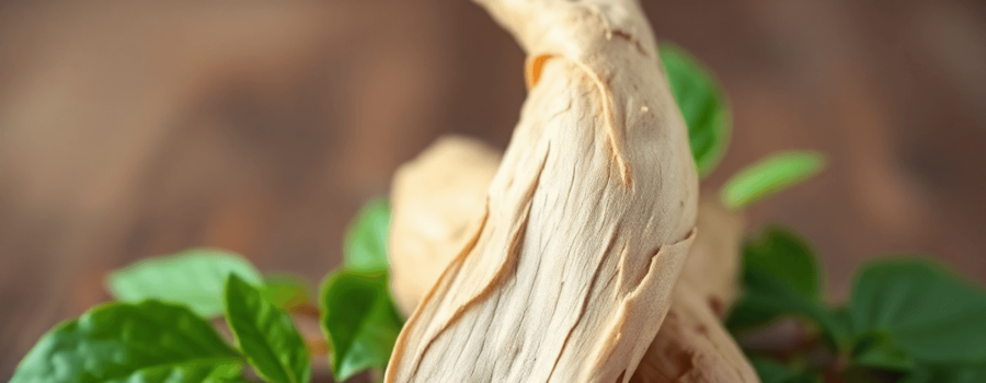 A close-up of Astragalus root on a wooden surface, surrounded by fresh green leaves, with a softly blurred background highlighting its texture and color.