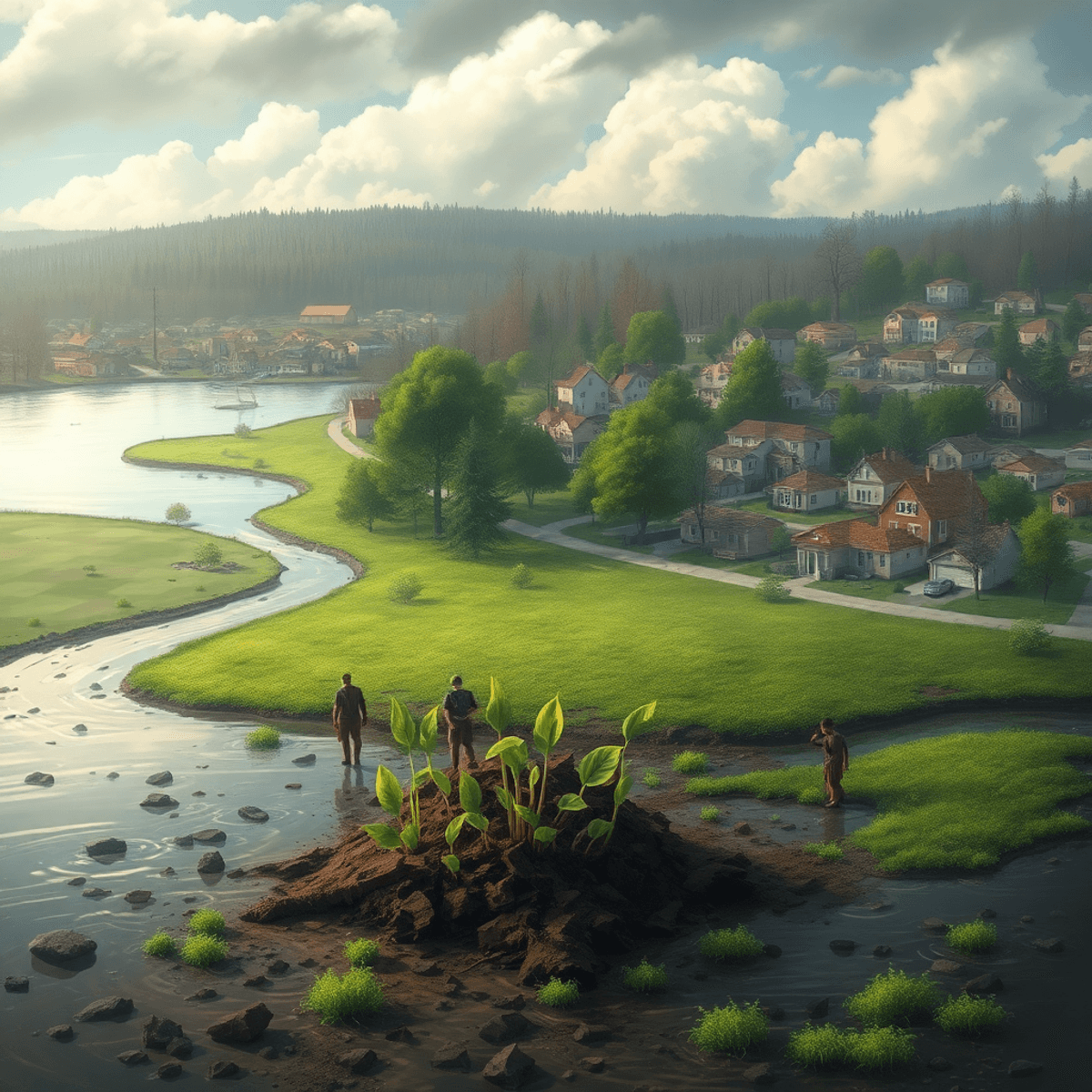 A serene landscape depicting a recovering neighborhood after a flood, with green sprouts emerging from the ground and people planting trees, symbolizing hope and renewal.