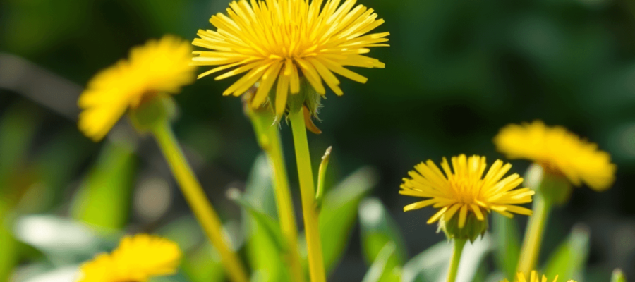 A close-up of a vibrant dandelion plant with bright yellow flowers and green leaves, softly blurred background, and sunlight filtering through leaves, evoking vitality and wellness.