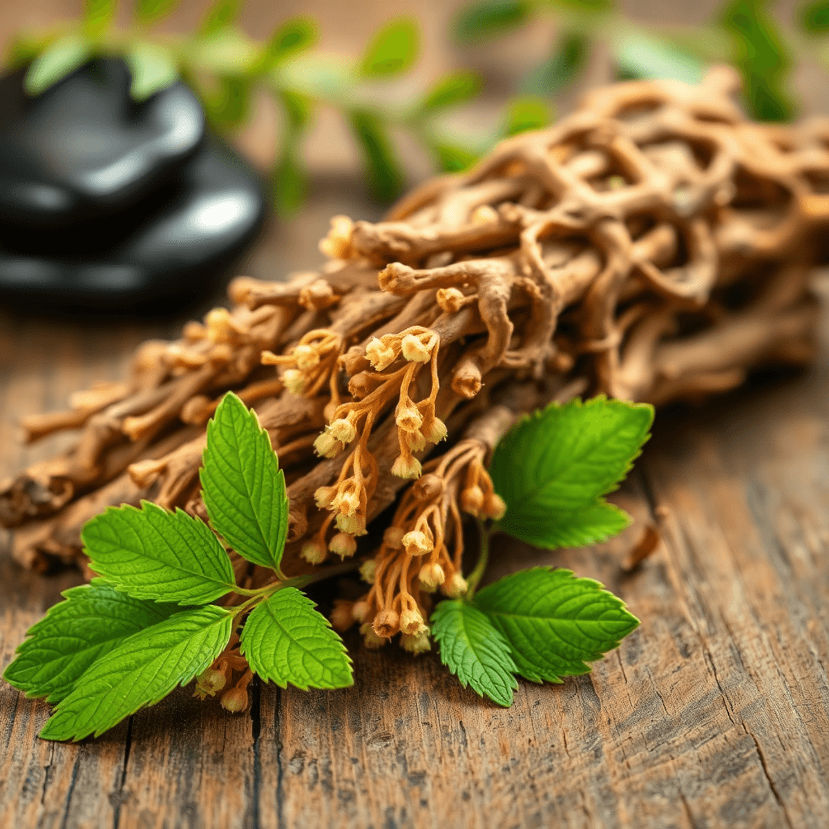 Close-up of astragalus roots and leaves on a wooden surface, with a soft-focus background of stones and greenery, conveying wellness and herbal remedies.