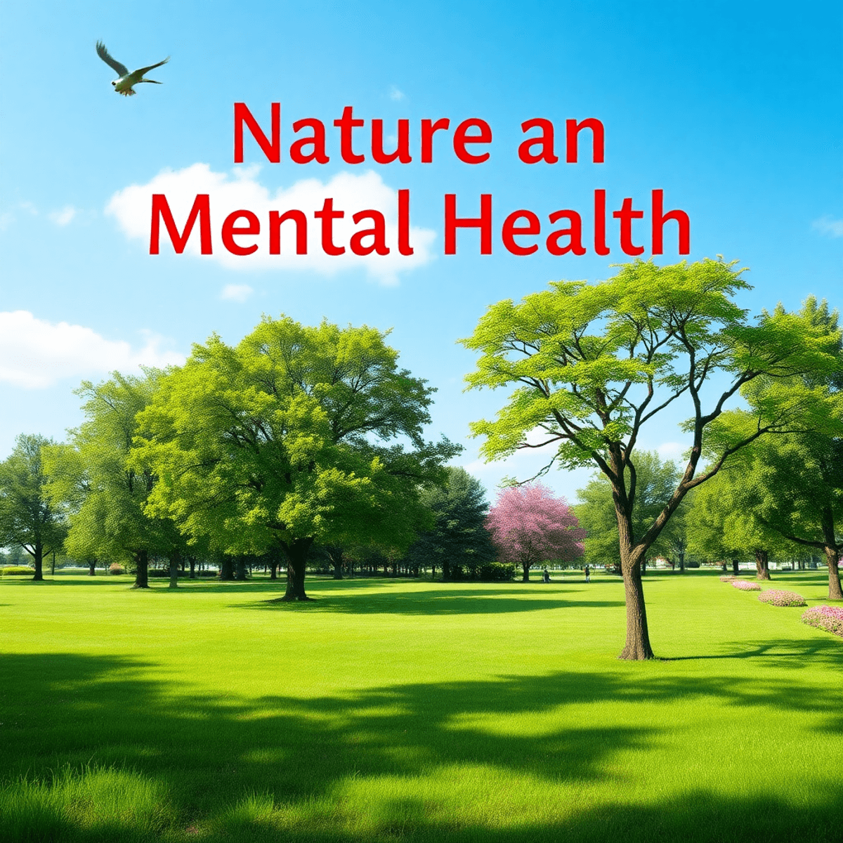 A tranquil park scene with lush green trees, colorful flowers, and a clear blue sky, promoting connection with nature and encouraging outdoor activities for well-being.