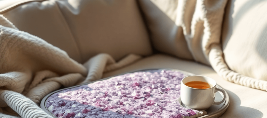 A cozy sofa adorned with soft blankets, an amethyst heating pad, and a steaming cup of herbal tea, illuminated by warm natural light streaming through a window.