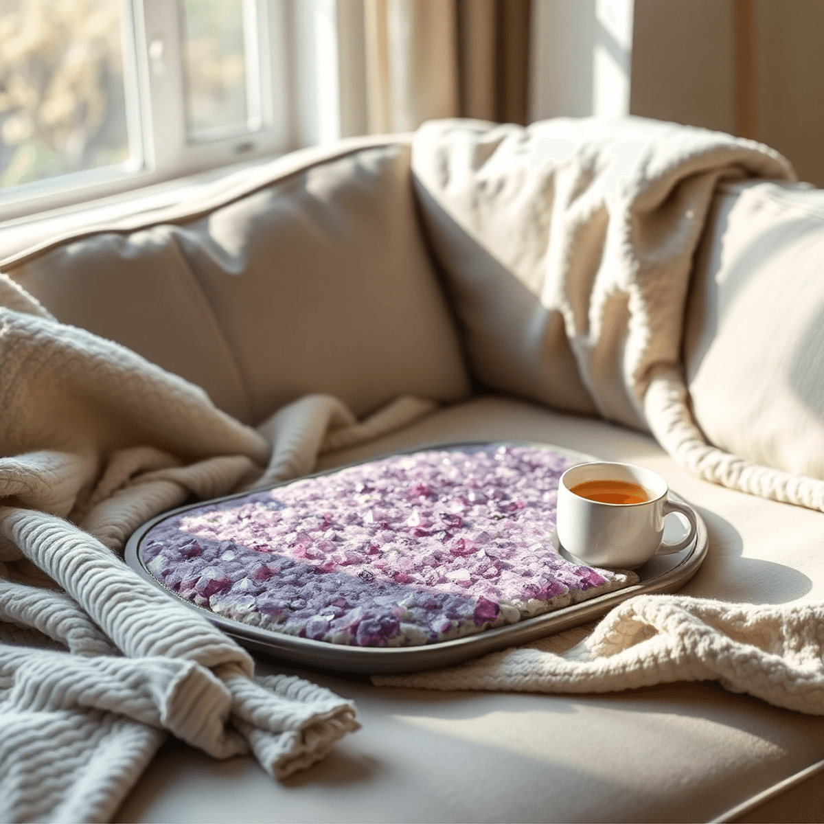 A cozy sofa adorned with soft blankets, an amethyst heating pad, and a steaming cup of herbal tea, illuminated by warm natural light streaming through a window.